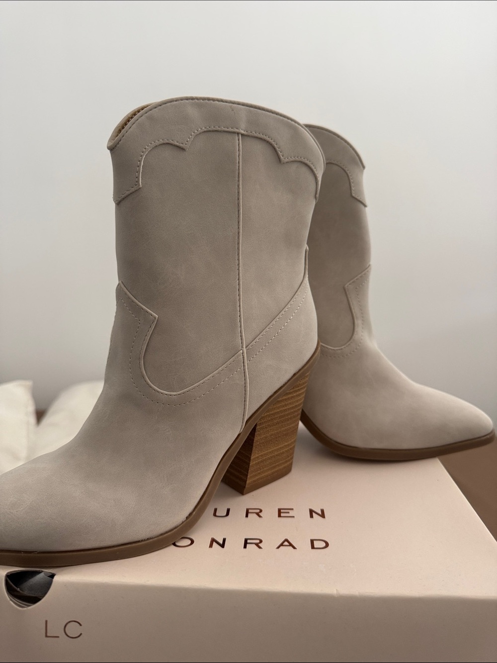 LC Lauren Conrad Light Taupe Western Block Heel Booties